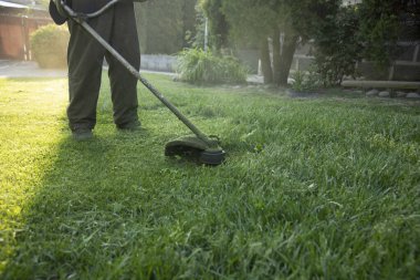 Çim biçme makinesiyle çimleri biçmek. Bahçe işleri konsepti.