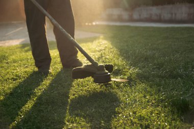 Çim biçme makinesiyle çimleri biçmek. Bahçe işleri konsepti.