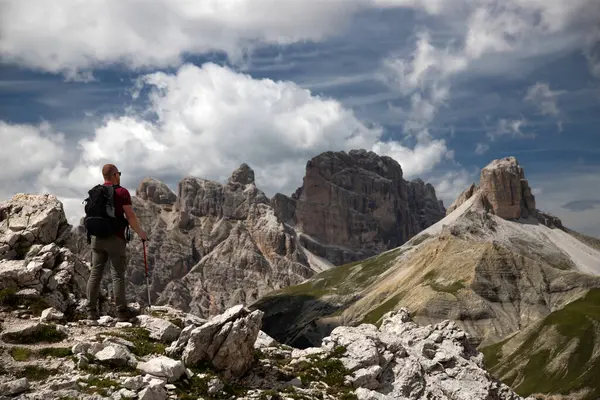 Man Hiker Standing Admiring Stunning Beauty Impressive Peaks Tre Cime Royalty Free Stock Images