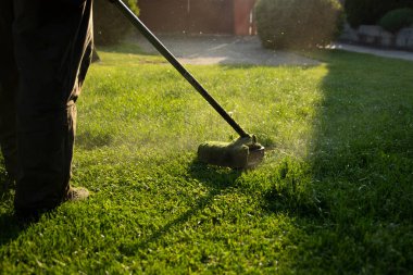Çim biçme makinesiyle çimleri biçmek. Bahçe işleri konsepti.