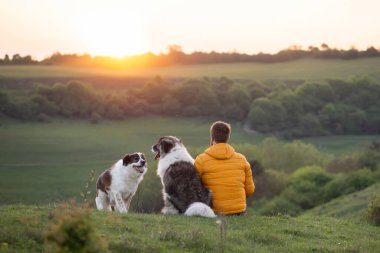 İnsan doğada köpekleriyle gün batımında.