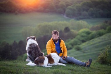 İnsan doğada köpekleriyle gün batımında.
