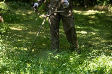 Çim biçme makinesiyle çimleri biçmek. Bahçe işleri konsepti.