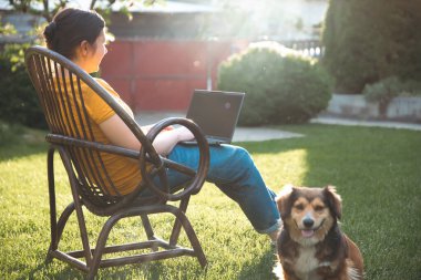 Güneşli bir günde avluda tüylü kahverengi köpeğinin yanında dizüstü bilgisayarda çalışan bir kadın. Evden çalışan serbest çalışan bir iş kadını..