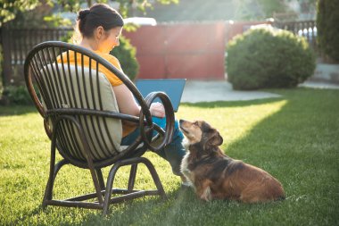 Güneşli bir günde avluda tüylü kahverengi köpeğinin yanında dizüstü bilgisayarda çalışan bir kadın. Evden çalışan serbest çalışan bir iş kadını..