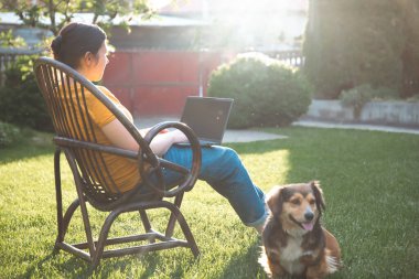 Güneşli bir günde avluda tüylü kahverengi köpeğinin yanında dizüstü bilgisayarda çalışan bir kadın. Evden çalışan serbest çalışan bir iş kadını..