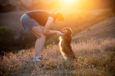 Rahat kadın ve köpek sihirli yaz günbatımında oynuyorlar.