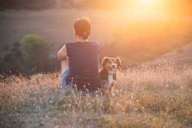 Rahatlamış kadın ve köpek tepenin üstünde yaz günbatımının tadını çıkarıyorlar..