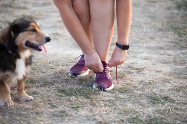 Altın gün batımında köpeğiyle çayırların tepesinde koşan bir kadın.. 