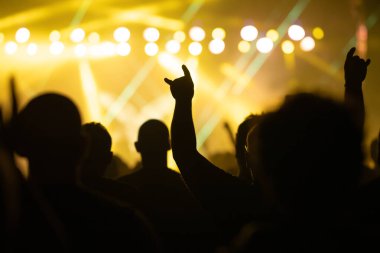 Konserde kalabalık - Parlak renkli sahne ışıkları önünde tezahürat yapan kalabalık