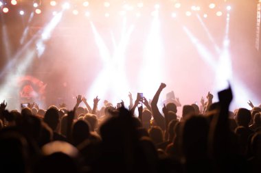 Konserde kalabalık - Parlak renkli sahne ışıkları önünde tezahürat yapan kalabalık
