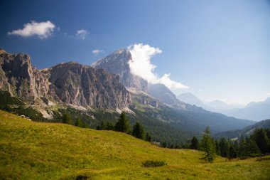 Dolomitler 'de güneşli bir yaz gününde dağların ve çayırların manzarası.