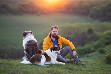 İnsan doğada köpekleriyle gün batımında.