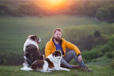 İnsan doğada köpekleriyle gün batımında.