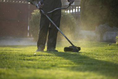 Çim biçme makinesiyle çimleri biçmek. Bahçe işleri konsepti.
