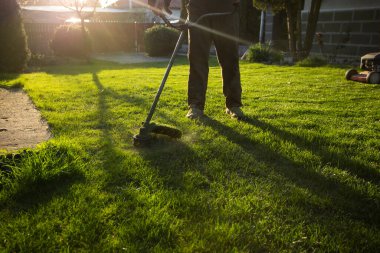 Çim biçme makinesiyle çimleri biçmek. Bahçe işleri konsepti.