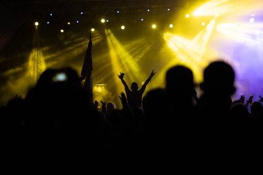 Konserde kalabalık - Parlak renkli sahne ışıkları önünde tezahürat yapan kalabalık