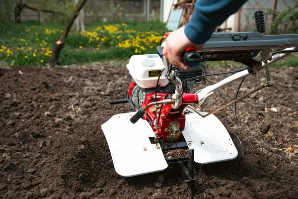Bahçede Tiller 'la çalışan bir adam..