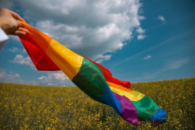 Çayırda LGTB bayrağı sallayan ikili olmayan kişi. LGBT gurur kavramı.