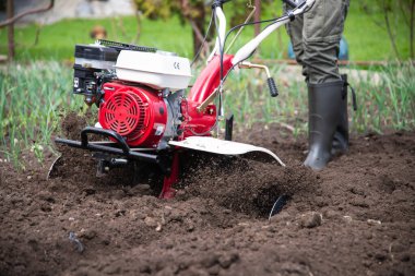 Bahçede Tiller 'la çalışan bir adam..