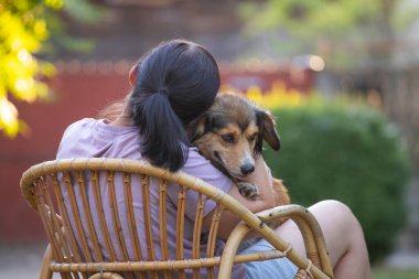 Sıradan, orta yaşlı bir kadın bahçede küçük kahverengi köpeğiyle eğleniyor. Hayvanlarla bağ kurma ve birlikte olmaktan keyif alma kavramı.