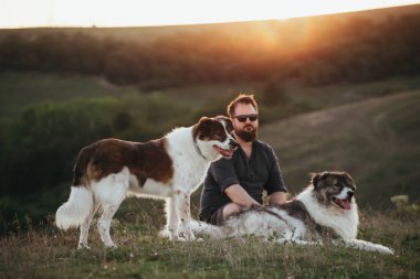 İnsan ve köpekleri güzel günbatımının tadını çıkarıyor