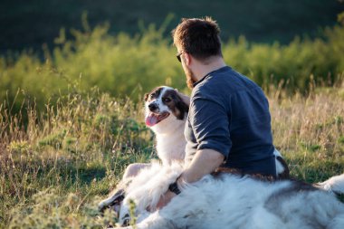 İnsan ve köpekleri güzel gün batımının tadını çıkarıyorlar..