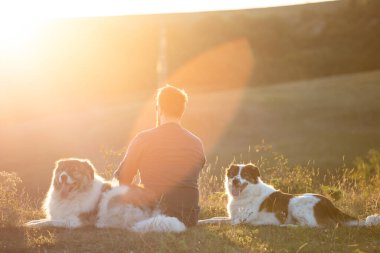 İnsan ve köpekleri güzel gün batımının tadını çıkarıyorlar..