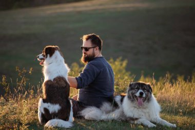 İnsan ve köpekleri güzel gün batımının tadını çıkarıyorlar..