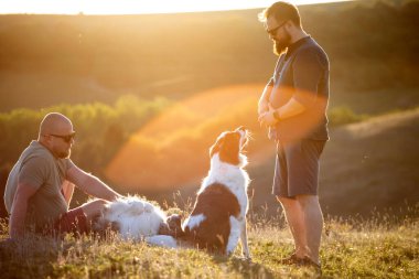İki adam ve köpekleri güzel gün batımının tadını çıkarıyorlar..