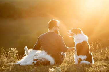 İnsan ve köpekleri güzel gün batımının tadını çıkarıyorlar..