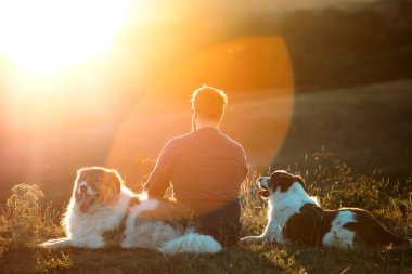 İnsan ve köpekleri güzel gün batımının tadını çıkarıyorlar..