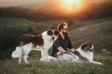 İnsan ve köpekleri güzel günbatımının tadını çıkarıyor