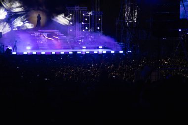 Konserde kalabalık - Parlak renkli sahne ışıkları önünde tezahürat yapan kalabalık