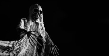 Creepy skeleton figure with skull in the dark. Wide banner format with copy space.