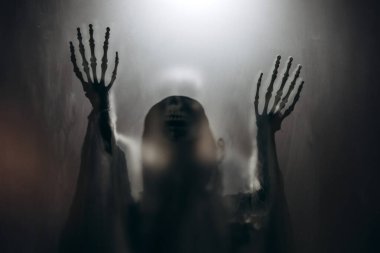 Creepy skeleton figure with skull behind matte glass. Halloween festival concept.Blurred picture