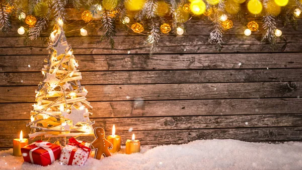 Jul Stilleben Med Gamla Träbakgrund Och Snöflingor Faller — Stockfoto