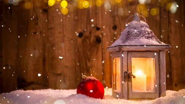 Bodegón Navidad Con Fondo Madera Viejo Copos Nieve Cayendo —  Fotos de Stock
