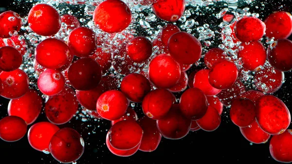 Cranberries Vermelhas Frescas Caindo Água Fundo Preto — Fotografia de Stock