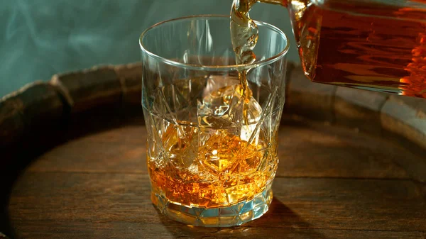 Close Pouring Whiskey Rum Old Wooden Barrel —  Fotos de Stock
