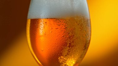 Freshly brewed beer in a pint on orange gradient background, close-up