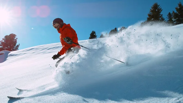 Freeride Skier Riding Scenic Mountains Blue Sky — Foto Stock