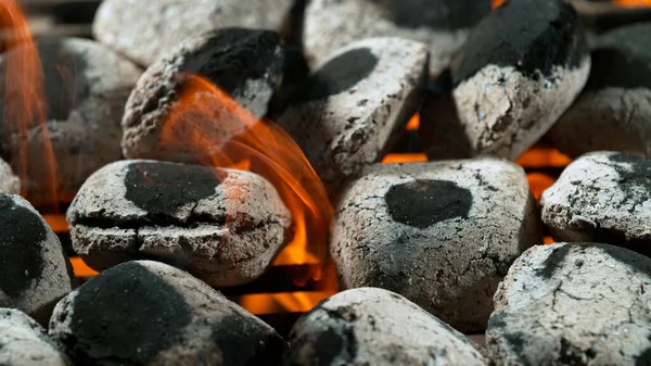 Freeze Motion Shot Glowing Charcoal Briquettes Garden Grill Macro Shot — стокове фото