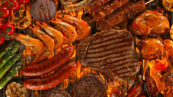 Top Shot Various Types Meat Garden Grill Roaring Flames — Stock Photo, Image
