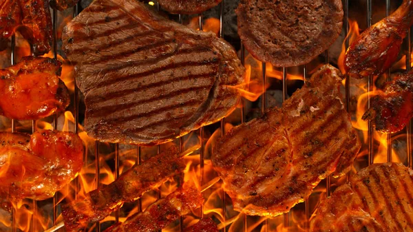 Top Shot Various Types Meat Garden Grill Roaring Flames — Stock Photo, Image