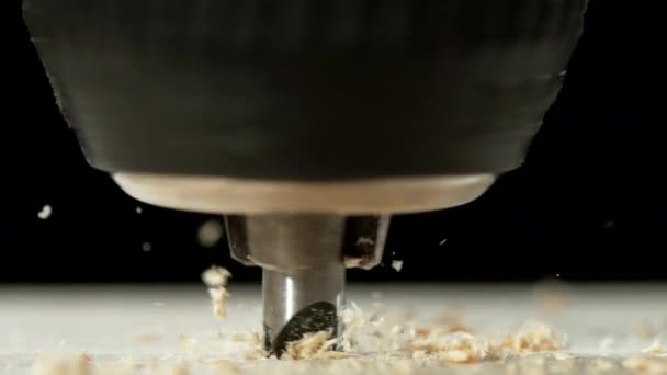 Super Cámara Lenta Una Broca Perforando Madera Macro Filmado Cámara — Vídeo de stock