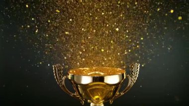 Süper Yavaş Hareket. Patlayan Altın Parıltılar ve Yıldızlarla siyah arka planda şampiyonluk kupası. Başarı, Zafer veya Başarı Konsepti.