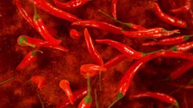 Super Slow Motion shot of Flying Flying Fresh Chilli Peppers Kara Arkaplanda 1000 fps 'de izole edildi..