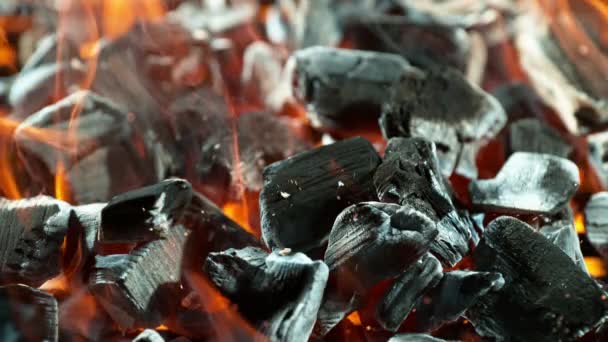 Super Slow Motion Shot Glowing Charcoal Briquettes Garden Grill Filmed — Stock Video