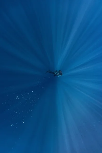 Freitaucher Schwimmen Der Tiefsee Mit Sonnenstrahlen Junger Mann Beschwert Sich — Stockfoto